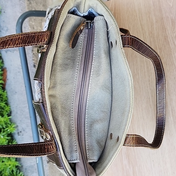 Myra Leather Canvas Woven Khaki Green Brown Boho Tapestry Shoulder Tote Bag. - Picture 8 of 12